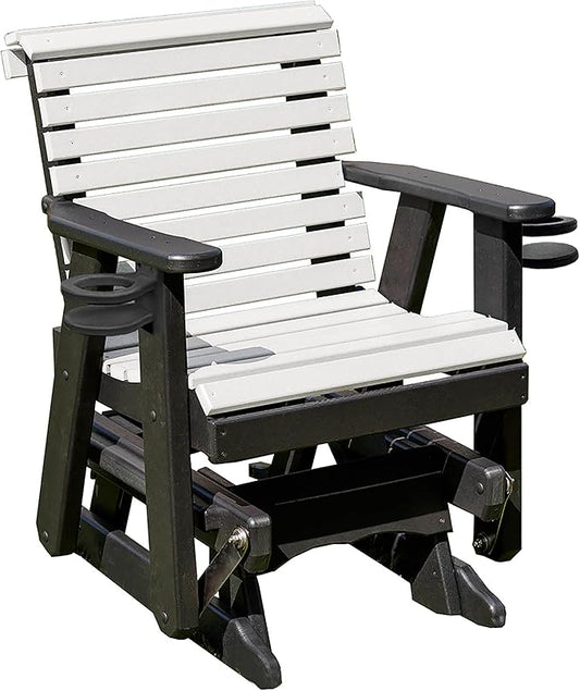 Amish Craftsmanship Made in USA 2FT Heavy Duty Poly Lumber Wood Porch Patio Glider HDPE with No wood fibers Lancaster Series Rollback design 500 lbs Limit With Cupholders White on Black
