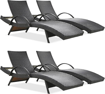 Yayzy Set of 4 Outdoor Rattan Chaise Lounge Chairs, 80” Adjustable Recliners with Armrests, Weather-Resistant PE Wicker Sun Loungers for Poolside, Patio, or Backyard – Dark Brown