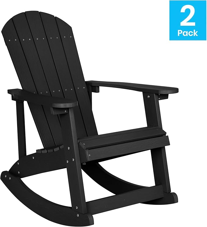 EMMA + OLIVER Marcy All Weather Rocking Chair - Set of 2 - Black Poly Resin - Classic Adirondack Design - UV Resistant Coating - Stainless Steel Hardware