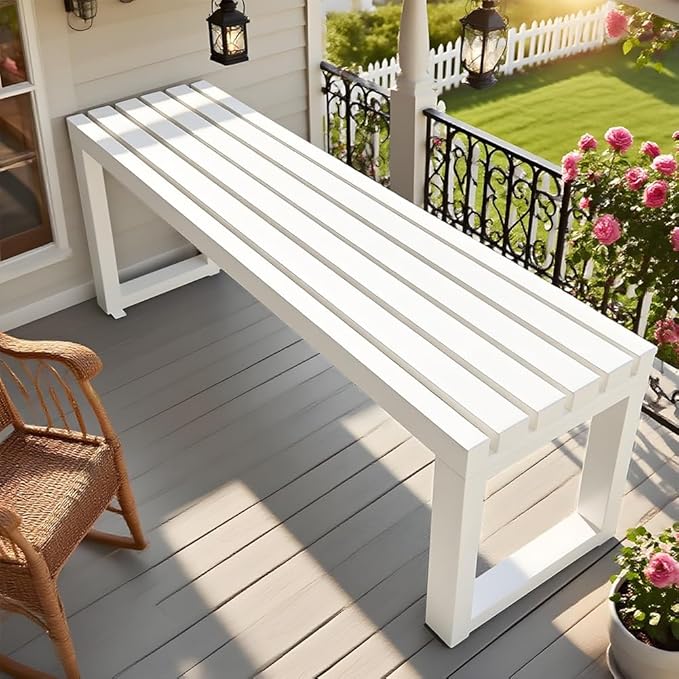 2-Person Garden Bench Seat Outdoor Benches Metal Park Bench Patio Seat 3.3ft 3.9ft 4.9ft 5.9ft Weather Resistance Backless Front Porch Chair Easy Installation(White,4.9ft)