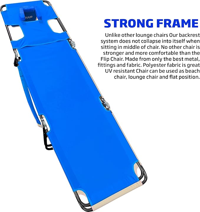 Face Down Tanning Chaise Lounge Chair - Face & Arm Holes - 2 Legs Support - Polyester Material – Backrest Positions - Head Rest Pillow - Beach or Home Use – Read and Tan - Blue Stripes Pattern