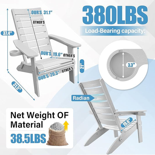 YEFU Adirondack Chair, Folding Adirondack Chairs Set of 2 with Arc Back & Cup Holder, Weather Resistant Plastic Oversized Chair for Outdoor Patio Lawn Garden Backyard Deck Fire Pit, White