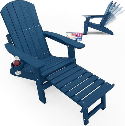 YEFU Adjustable Adirondack Chair with Footrest, 5-Level Adjustable Adirondack Chair with Retractable Ottoman & 2 Cup Holder, Folding Adirondacks Chairs Use for Outdoor, Pool, Patio, Fire Pit (Navy)