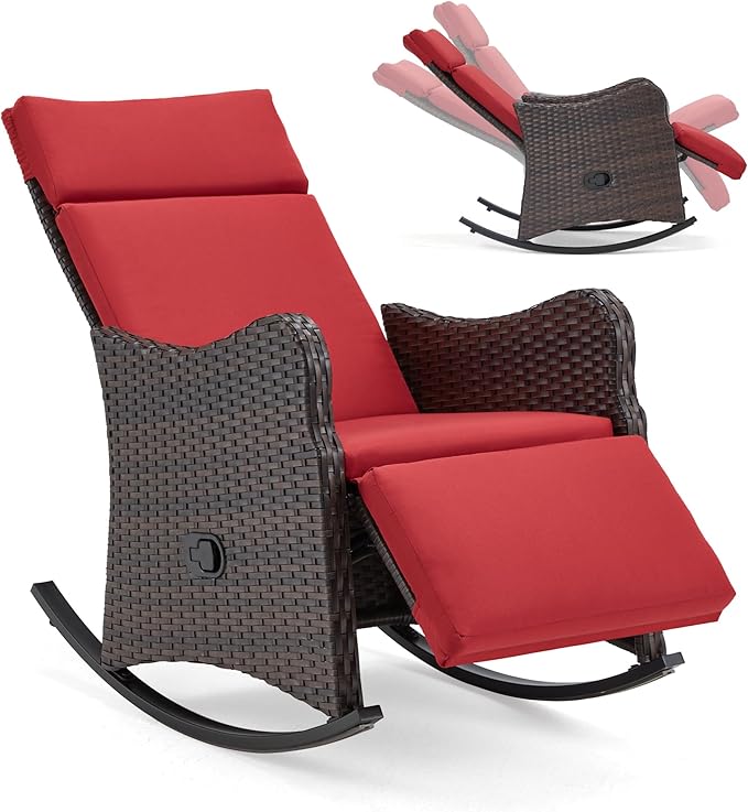 HOMREST Outdoor Recliner for Patio, Wicker Rocking Chair with Extended Footrest & Removable Cushion, Porch Balcony Lounges for Garden, Burgundy