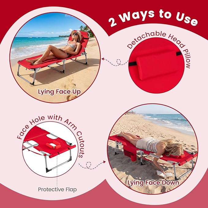 Goplus Tanning Chair with Face Arm Holes, Portable Sunbathing Chair w/4-Level Backrest, Head Pillow - Photo 6
