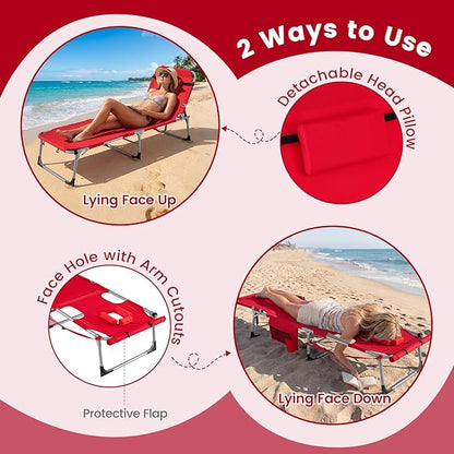Goplus Tanning Chair with Face Arm Holes, Portable Sunbathing Chair w/4-Level Backrest, Head Pillow, Patio Lay Flat Folding Chaise Lounge with Side Pocket, Shoulder Strap for Pool Beach (2,Red)