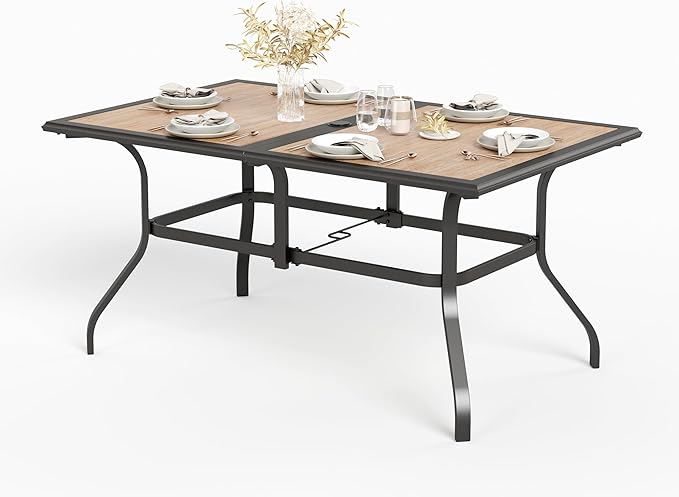 HERA'S HOUSE Patio Dining Table, 60"x38" Rectangle Outdoor Dining Table Top with Umbrella Hole and Metal Steel Frame for Lawn Garden Backyard