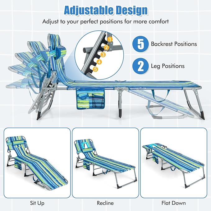 COSTWAY Folding Beach Lounge Chair, Tanning Chair with Face Hole, 5-Position Adjustable Backrest, Pillow & Side Pocket, Foldable Chaise Lounge Chair Outdoor for Sunbathing, Camping (1, Blue+Green)