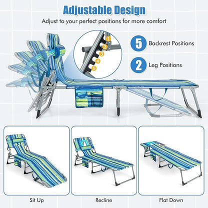 COSTWAY Folding Beach Lounge Chair, Tanning Chair with Face Hole, 5-Position Adjustable Backrest, Pillow & Side Pocket, Foldable Chaise Lounge Chair Outdoor for Sunbathing, Camping (1, Blue+Green)