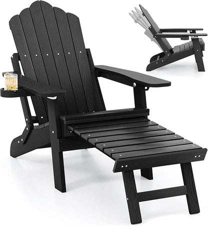 Giantex Folding Adirondack Chair, All-Weather Lounge Chair with Adjustable Backrest, Retractable Ottoman, Cup Holder, HIPS Fire Pit Chair for Lawn, Pool, Patio, Porch (1, Black)