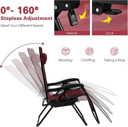 Goplus Zero Gravity Lounge Chairs, 160°Adjustable Folding Recliner w/Pillow and Cup Holder, 350LBS Comfy Outdoor Lounge Chairs for Patio, Lawn, Yard & Camp(Set of 2, Wine)