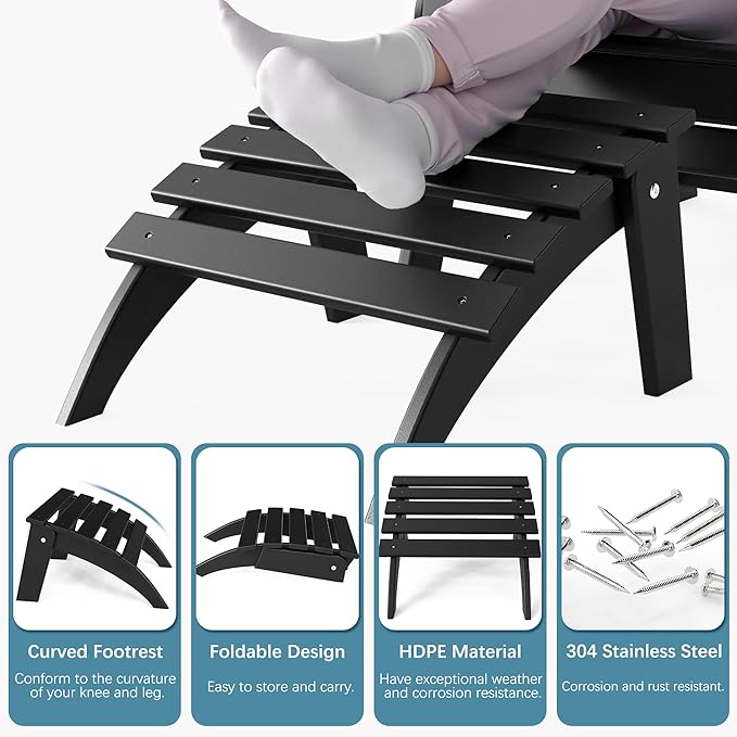 Adirondack Ottoman Set of 2, Folding Adirondack Ottoman for Adirondack Chair, HDPE All Weather Outdoor Footstool for Patio, Backyard, Porch, Garden, Black