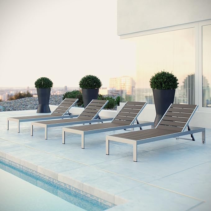 Modway Shore Aluminum Outdoor Patio Poolside Four Chaise Lounge Chairs in Silver Gray - Photo 2