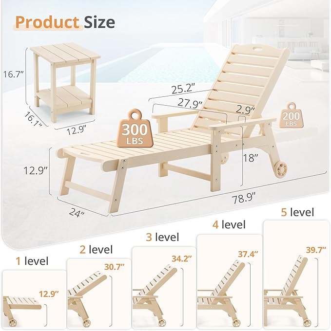 LUE BONA HDPS Chaise Lounge Chair Set of 2, Outdoor Pool Lounge Chairs with Adjustable Backrest - Photo 7