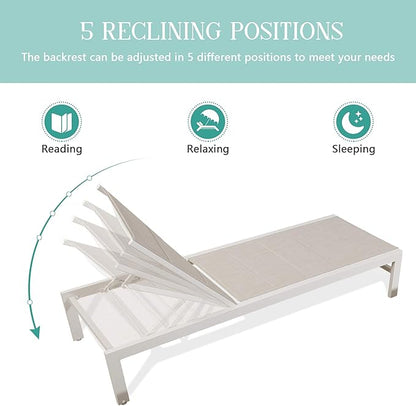 2 Pieces Patio Aluminum Chaise Lounge Chairs Quick Dry Foam Padded Reclining Chairs with 5-Position Adjustable Backrest,Beige,NPT-580043D-T