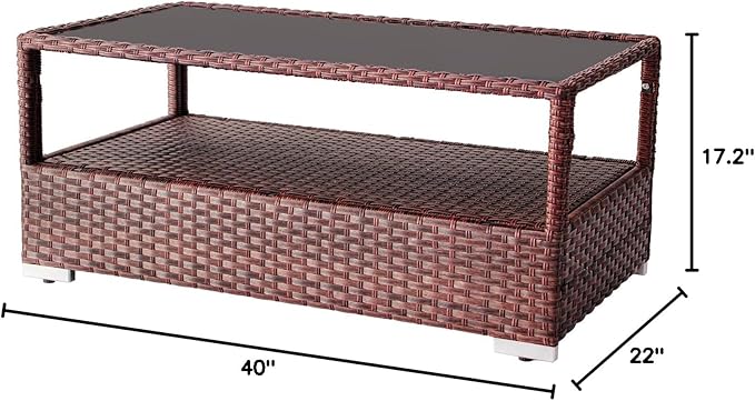 DIMAR GARDEN Outdoor Coffee Table Wicker Patio Rattan Side Table with Glass Top and Storage Shelf,40in Mixed Brown