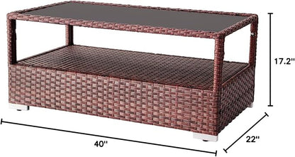 DIMAR GARDEN Outdoor Coffee Table Wicker Patio Rattan Side Table with Glass Top and Storage Shelf,40in Mixed Brown