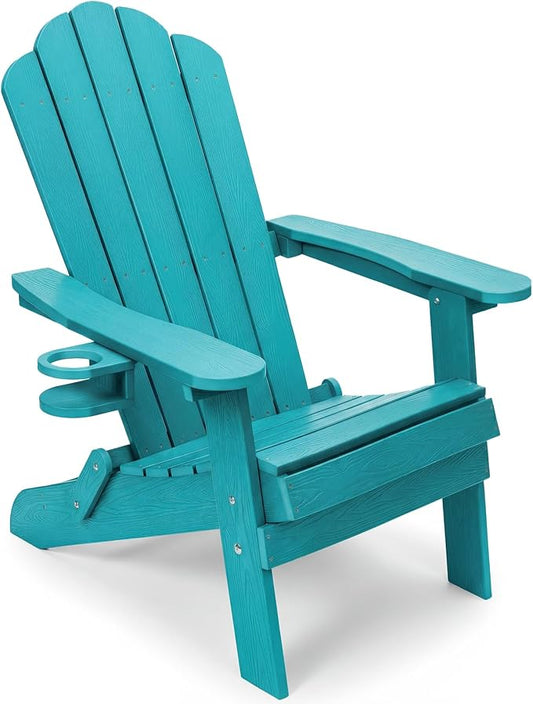 JEKO&JEKO Folding Adirondack Chair, All-Weather Outdoor Chair with Cup Holder, Plastic Adirondack Chair for Patio, Garden, Lawn, Porch, Deck, Backyard – Aruba Blue
