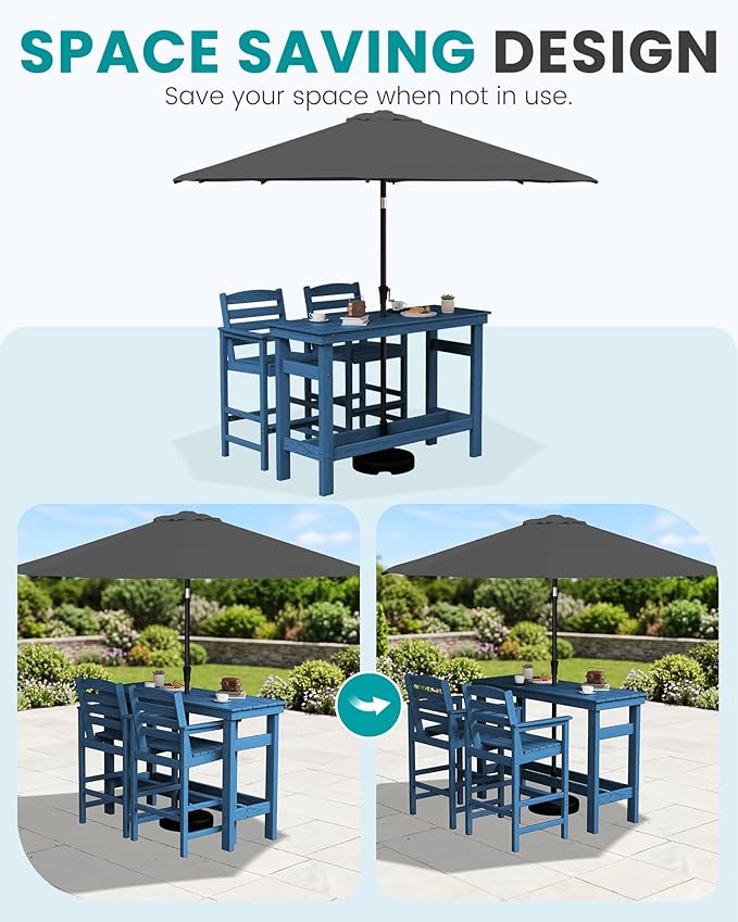 SERWALL Outdoor Bar Set with 9ft Umbrella, All-Weather HDPE Patio Bar Chairs and Table, Outdoor Furniture Set - Photo 3