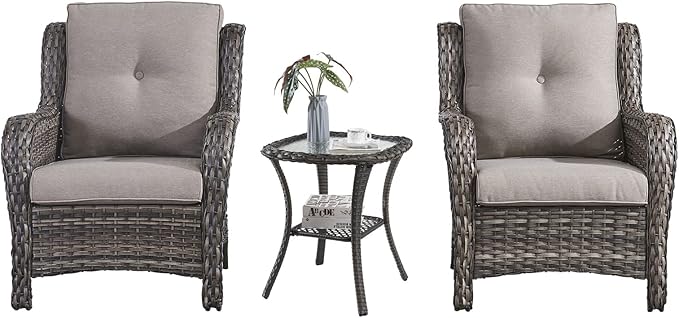 HUMMUH 3 Pieces Patio Bistro Set Wicker Patio Chairs Set of 2 with Tempered Glass Top Side Table Rattan Outdoor - Photo 1