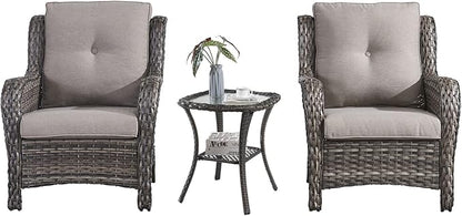 HUMMUH 3 Pieces Patio Bistro Set Wicker Patio Chairs Set of 2 with Tempered Glass Top Side Table Rattan Outdoor Furniture Conversation Set for Yard,Garden,Porch