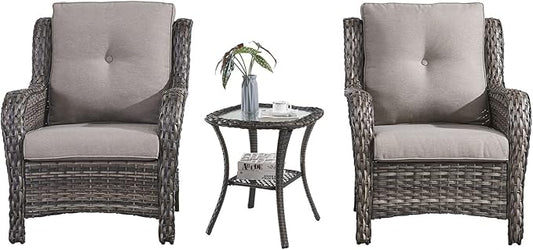 HUMMUH 3 Pieces Patio Bistro Set Wicker Patio Chairs Set of 2 with Tempered Glass Top Side Table Rattan Outdoor Furniture Conversation Set for Yard,Garden,Porch