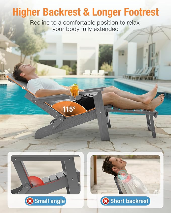 YEFU Adjustable Adirondack Chair with Retractable Ottoman Set of 8,Folding Adirondack Chair with 2 Cup-Holders, Outdoor Chairs with Footrest,Weather Resistant Fire Pit Chairs,for Patio Lawn(Grey)
