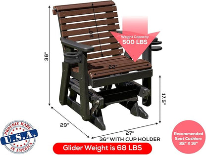 Amish Craftsmanship Made in USA 2FT Heavy Duty Poly Lumber Wood Porch Patio Glider HDPE with No wood fibers Lancaster Series Rollback design 500 lbs Limit With Cupholders Brown on Black