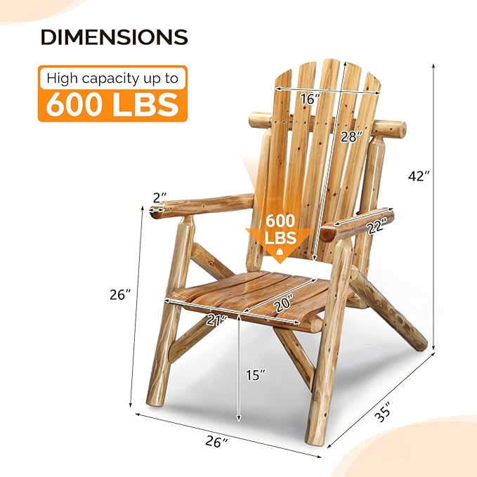 VINGLI Solid Wood Adirondack Chair Outdoor Patio Furniture Fire Pit Chairs, Heavy Duty Backyard Seating Armchair Deck Garden Lawn (Light Carbonized, 1 PC)