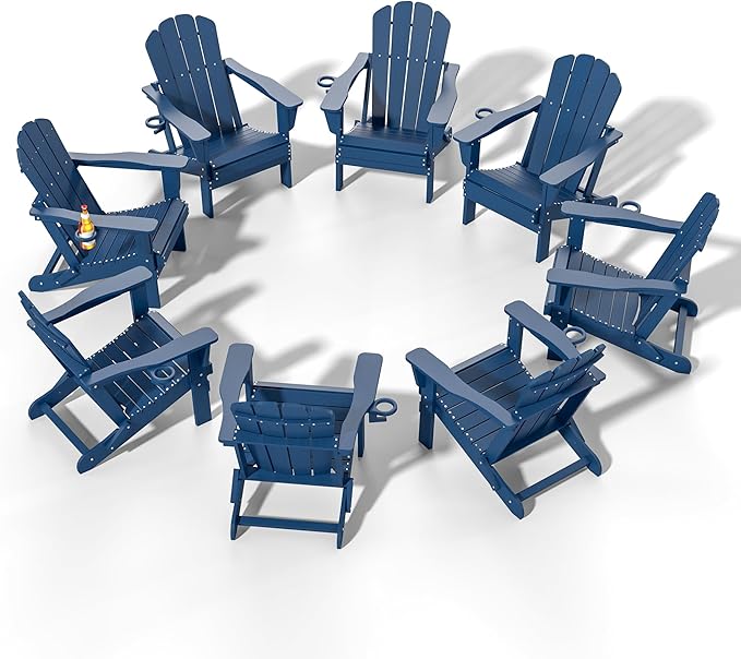Domi Folding Adirondack Chairs Set of 8, HDPE All-Weather Outdoor Chairs with Cup Holder, Wooden Textured Fire Pit Chairs for Backyard, Patio, Poolside & Deck, Navy Blue