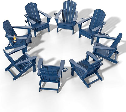 Domi Folding Adirondack Chairs Set of 8, HDPE All-Weather Outdoor Chairs with Cup Holder, Wooden Textured Fire Pit Chairs for Backyard, Patio, Poolside & Deck, Navy Blue