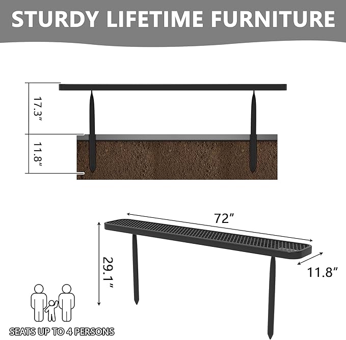 72" L Outdoor Bench, 6FT Heavy Duty Metal Park Bench for Outside, Inground Mounted, Commercial Benches Mesh Bench for Shopping Mall, Store, Lawn, Park, Patio, Deck, Garden (Black Inground)