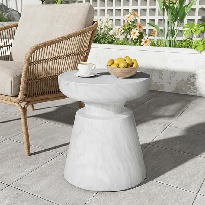 Outdoor Side Table Round Concrete End Table Faux Stone Side Tables Travertine Small Coffee Tables for Indoor Outdoor Garden Stool Plant Stand for Porch, Backyard Patio 17.75", Faux Marble