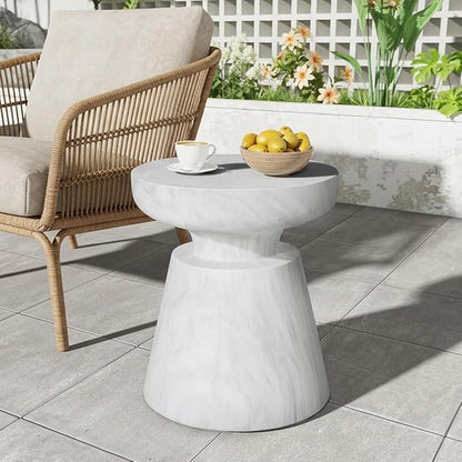 Outdoor Side Table Round Concrete End Table Faux Stone Side Tables Travertine Small Coffee Tables for Indoor Outdoor Garden Stool Plant Stand for Porch, Backyard Patio 17.75", Faux Marble