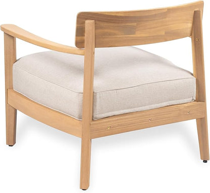 Christopher Knight Home Manny Acacia Wood Patio Accent Chair, Wooden Lounge Chair Outdoor, Comfy Reading Chair with Removable Cushion, Curved Backrest Lounge Sofa, Garden Poolside Seating, Teak+Beige
