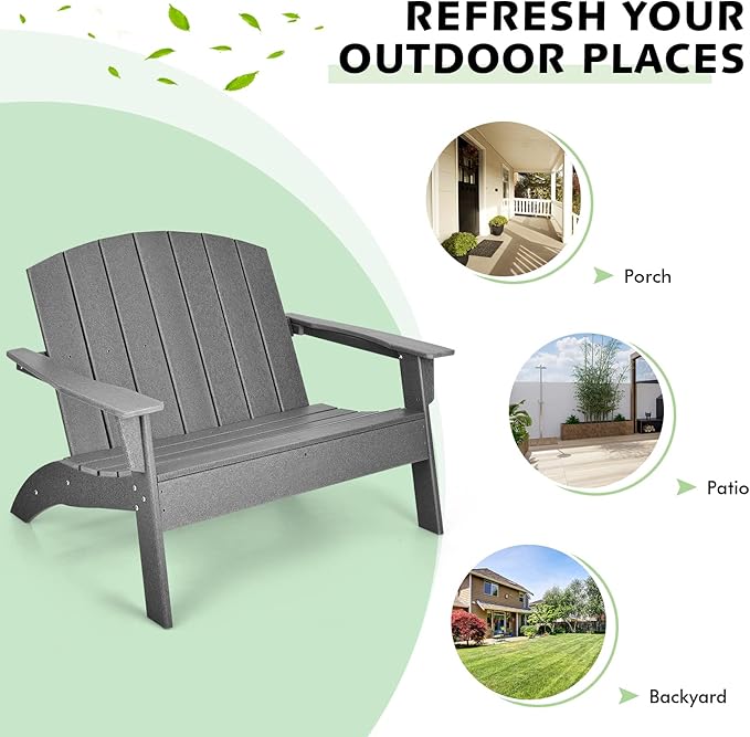 Giantex Adirondack Chair Outdoor Loveseat, High Density Polyethylene HDPE Material Adirondack Chairs Set of 2 People, Patio Adirondack Bench for Porch, Garden, Backyard Fire Pit Chair (1, Gray)