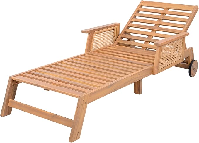 Merax 3-Pieces Retro Acacia Wood Outdoor Chaise Lounge with Wheels & 3-Position Adjustable Backrest, Vintage Wicker Sun Lounger with Plush Removable Cushion for Patio, Garden & Poolside, Acacia Wood