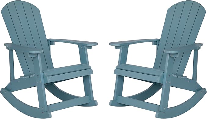 EMMA + OLIVER Marcy All Weather Rocking Chair - Set of 2 - Sea Foam Poly Resin - Classic Adirondack Design - UV Resistant Coating - Stainless Steel Hardware