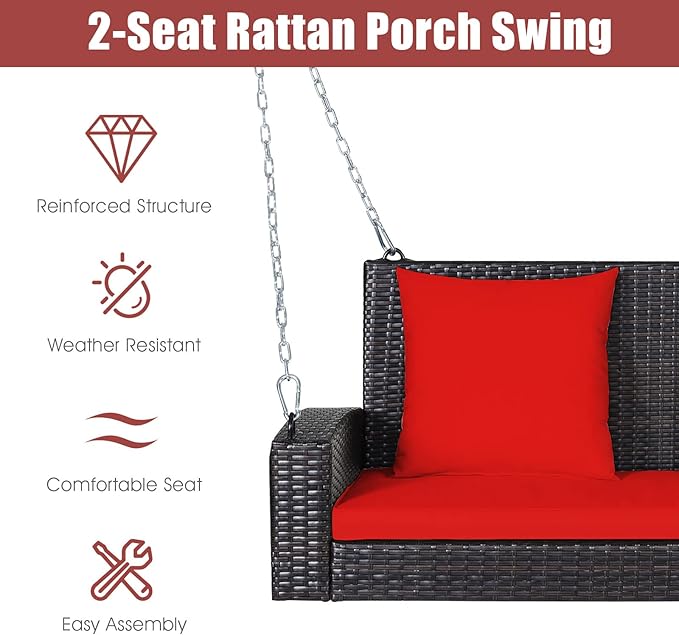 Tangkula 2-Person Wicker Porch Swing, Patiojoy Outdoor Rattan Hanging Swing Bench W/ 2 Back Cushions & 1 Seat Cushion - Photo 6