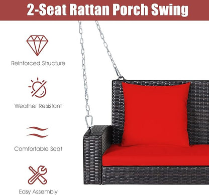 Tangkula 2-Person Wicker Porch Swing, Patiojoy Outdoor Rattan Hanging Swing Bench W/ 2 Back Cushions & 1 Seat Cushion, Sturdy Steel Chain, 800lbs Weight Capacity