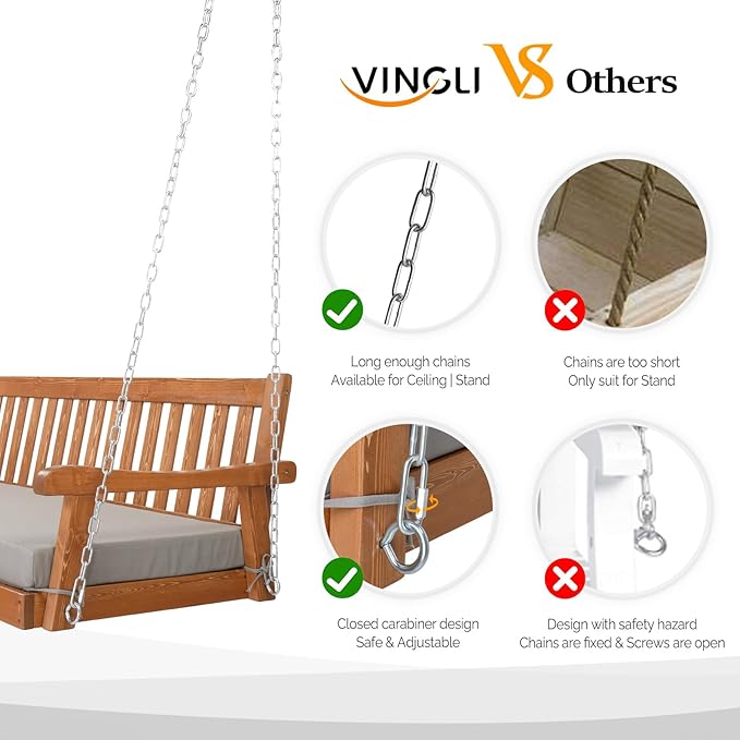 VINGLI 6 FT Upgraded Pine Wood Porch Swing Daybed, Heavy Duty Porch Bench Swing with 880 LBS Adjustable Chains - Photo 2