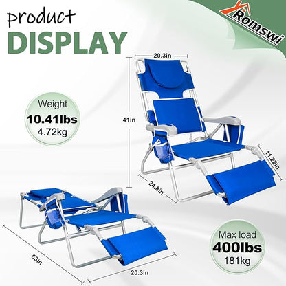 Romswi 3 in 1 Beach Chair with Face Hole, Reclining Sun Tanning Lounge Chair with Foot Rest, Cooler Bag & Cup Holder for Outdoor,Royal Blue