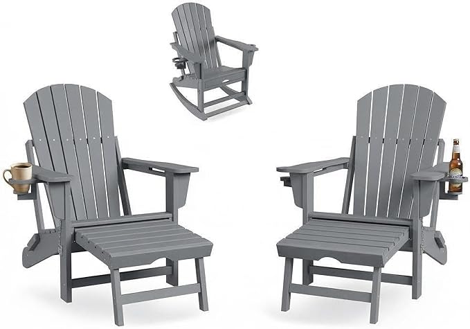 GAOMON 4-in-1 Folding HDPE Adirondack Chairs Set of 2 with Retractable Ottoman & Removable Rocking Base, All-Weather Outdoor Patio Chairs with Large Cup Holder, 400lbs Capacity, for Garden Lawn, Grey