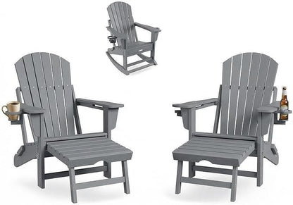 GAOMON 4-in-1 Folding HDPE Adirondack Chairs Set of 2 with Retractable Ottoman & Removable Rocking Base, All-Weather Outdoor Patio Chairs with Large Cup Holder, 400lbs Capacity, for Garden Lawn, Grey