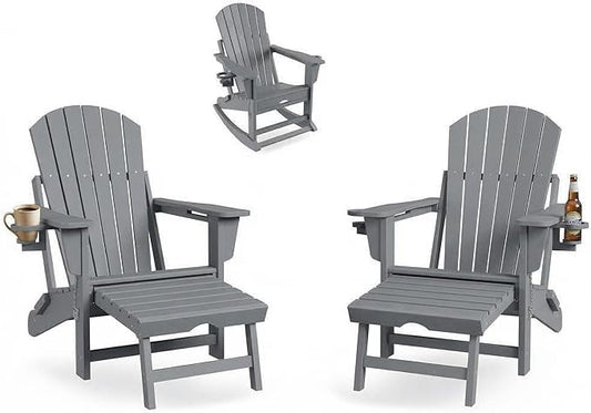 GAOMON 4-in-1 Folding HDPE Adirondack Chairs Set of 2 with Retractable Ottoman & Removable Rocking Base, All-Weather Outdoor Patio Chairs with Large Cup Holder, 400lbs Capacity, for Garden Lawn, Grey