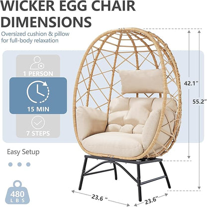 SWITTE Wicker Egg Chair Outdoor, Oversized Patio Lounge Chairs with Cushion for Indoor Living Room, Bedroom, Outside Backyard Balcony-Beige