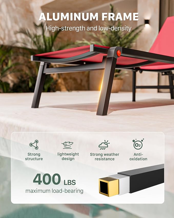 Aluminum Chaise Foldable Patio Lounge Chair Outdoor, Metal Deck Lounger Adjustable 5-Position Recliner Pool Chase Breathable Full Flat Outside Sun Tanning Chairs for Beach/Poolside/Lawn(Red, 1 Pack)