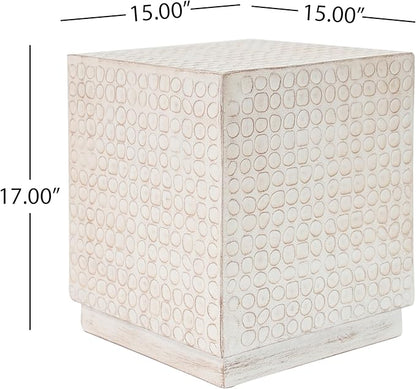 Christopher Knight Home Jeanie Outdoor Side Table Lightweight Concrete, Patio End Table Cube, MGO Fluted Coffee Table for Outside, Garden, Backyard, Poolside Accent Table, White Wash