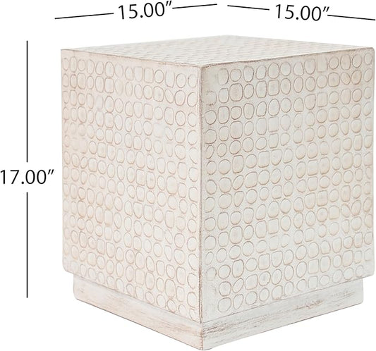 Christopher Knight Home Jeanie Outdoor Side Table Lightweight Concrete, Patio End Table Cube, MGO Fluted Coffee Table for Outside, Garden, Backyard, Poolside Accent Table, White Wash
