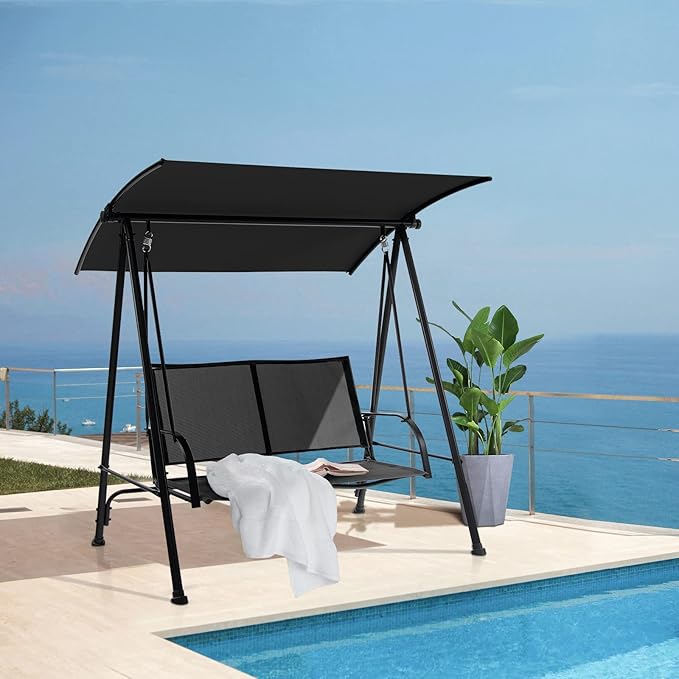 Tangkula 2 Person Porch Swing, Patio Swing with Adjustable Canopy, Comfortable Fabric Seat & Heavy-Duty Steel Frame - Photo 3